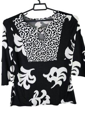 Susan Graver Black & White Printed Keyhole Top 3/4 Sleeves Polyester Stretch L
